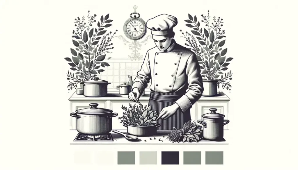 Chef francés preparando un bouquet garni con hierbas aromáticas en una cocina tradicional