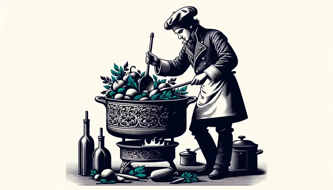 Chef francés del siglo XIX cocinando un estofado tradicional