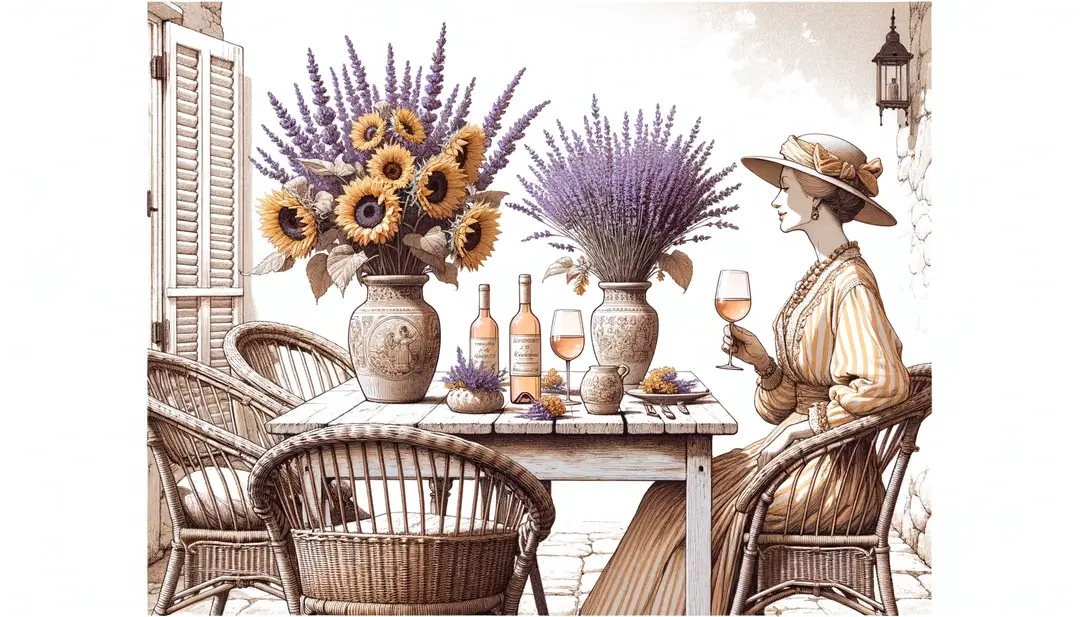 Ilustración de una brasserie provenzal con muebles rústicos