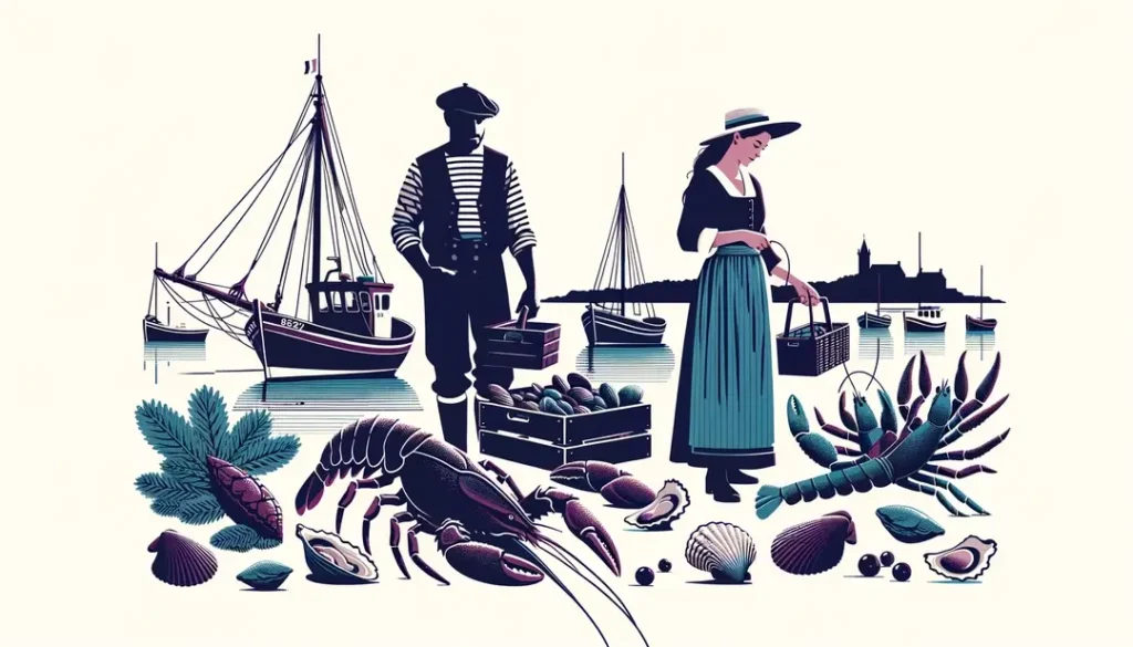 Ilustración de la rica tradición pesquera en Bretaña mostrando pescadores locales y mariscos frescos