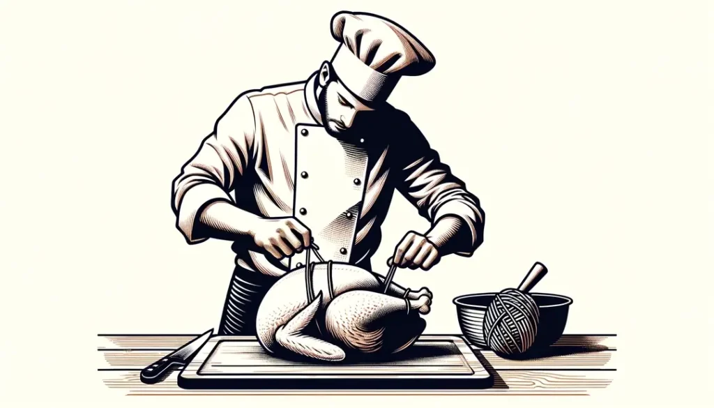 Ilustración minimalista de un chef caucásico atando un pavo en una cocina tradicional francesa