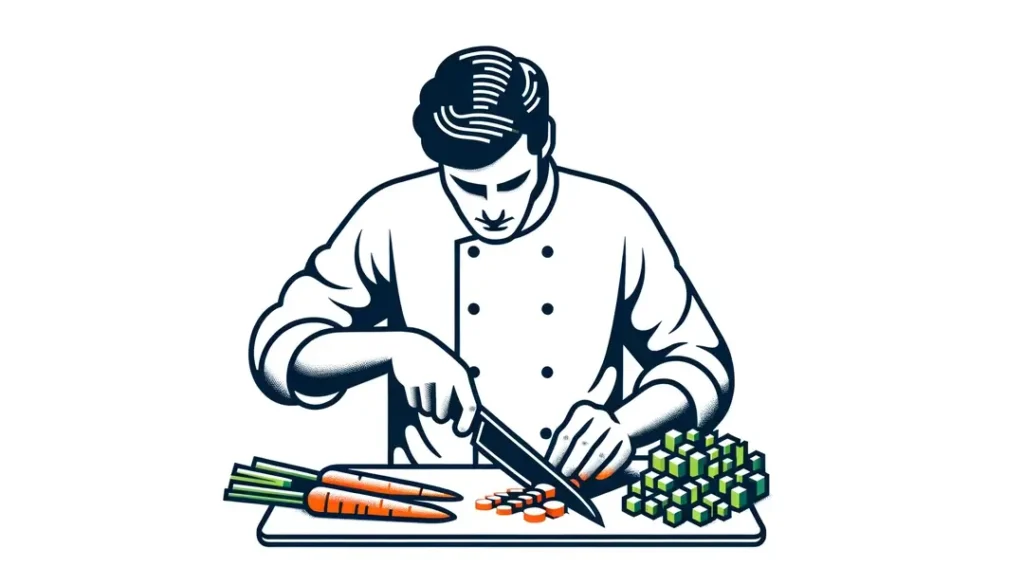 Ilustración de un chef francés realizando cortes uniformes de vegetales con técnica precisa