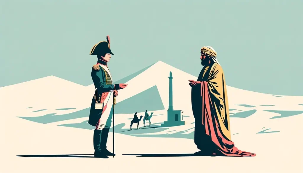 Ilustración minimalista de una figura europea y un erudito egipcio discutiendo en el contexto histórico de la campaña de Egipto de Napoleón