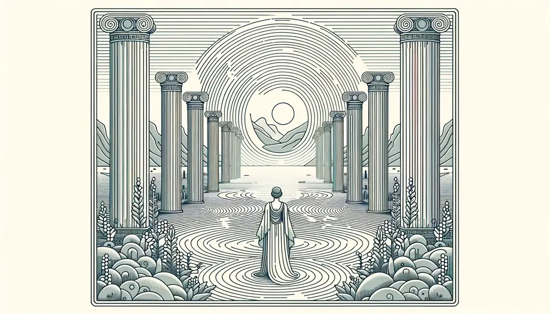Ilustración minimalista de la fusión cultural de los Campos Elíseos en la tradición galo-romana