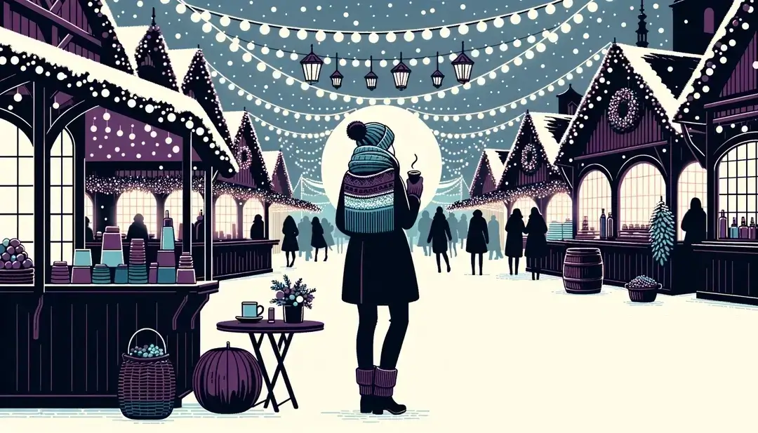 Una ilustración minimalista de un mercado navideño francés