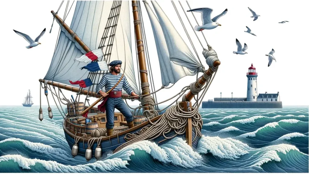 Marinero bretón navegando en un velero tradicional del siglo XIX en un puerto de Bretaña