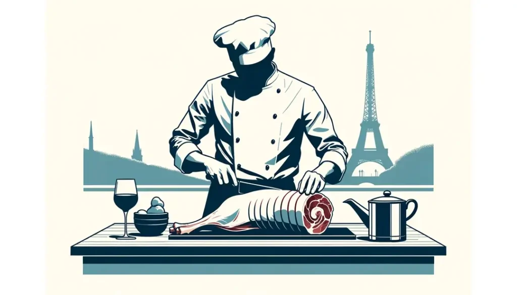 Ilustración minimalista de un chef francés preparando el canon de cordero