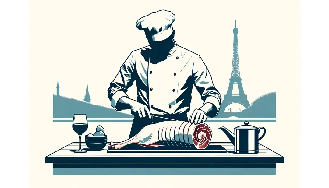Ilustración minimalista de un chef francés preparando el canon de cordero