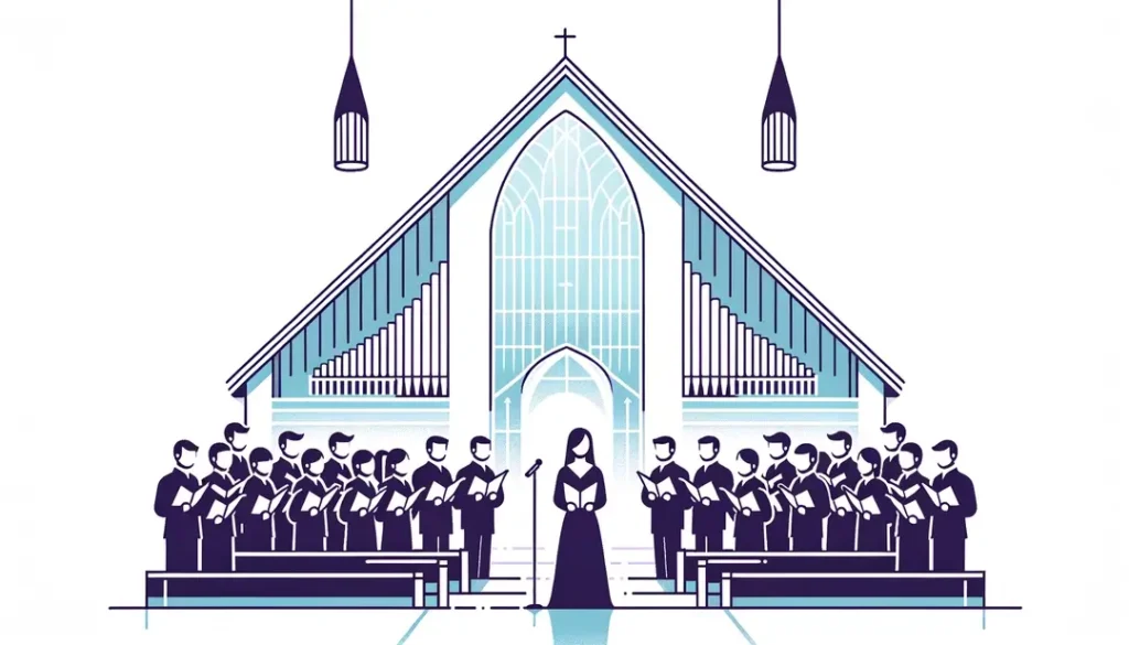 Ilustración minimalista de un coro cantando en una iglesia durante la Navidad