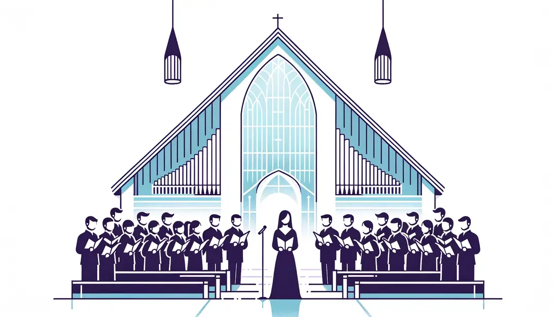 Ilustración minimalista de un coro cantando en una iglesia durante la Navidad
