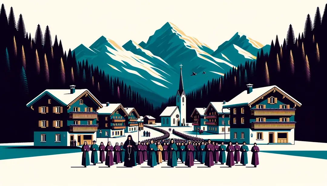 Ilustración minimalista de una procesión religiosa católica en un pueblo alpino con figura humana y montaña al fondo