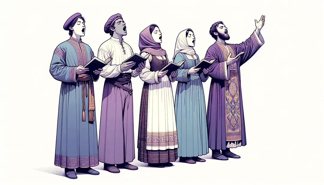 Ilustración de personas alsacianas en ceremonia inspirada por Saint Arbogast