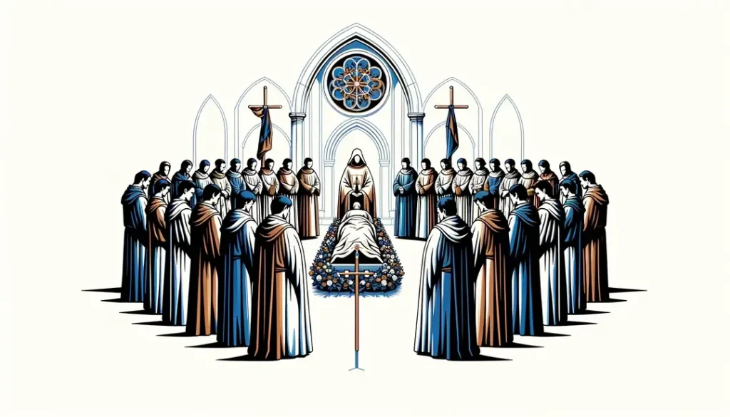 Escena litúrgica medieval con figuras en vestimenta tradicional francesa durante una ceremonia