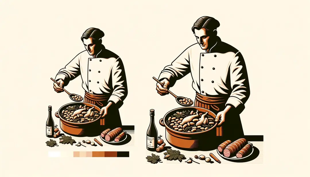 Ilustración de un chef francés presentando un tradicional cassoulet en una olla de terracota