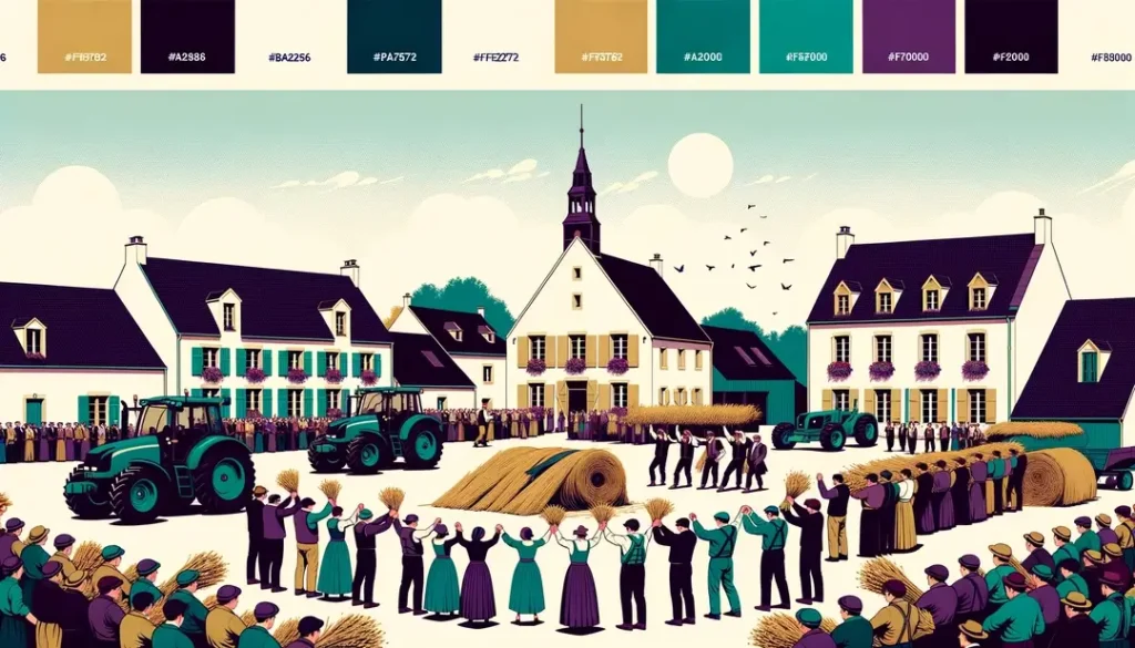 Ilustración minimalista de bendición agrícola en un pueblo rural con maquinaria moderna y tradición francesa
