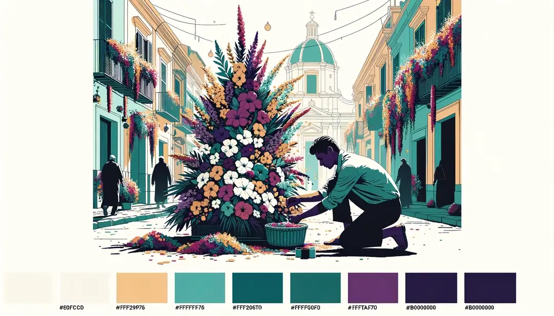 Ilustración minimalista de una figura humana decorando flores durante la celebración del Corpus Christi en Borgoña
