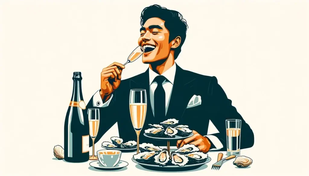 Ilustración minimalista de un humano disfrutando de champagne y ostras en una cena de Año Nuevo
