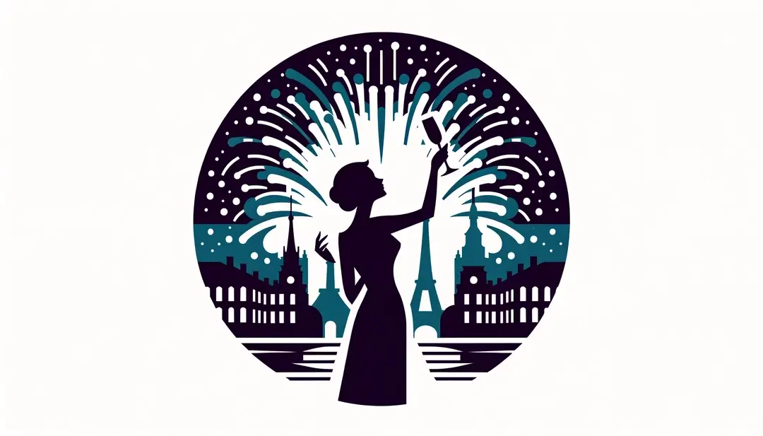 Ilustración minimalista de una celebración francesa de Nochevieja con una figura humana levantando una copa de champán