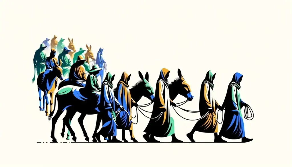 Ilustración minimalista de un festival con figuras humanas y burros en Languedoc