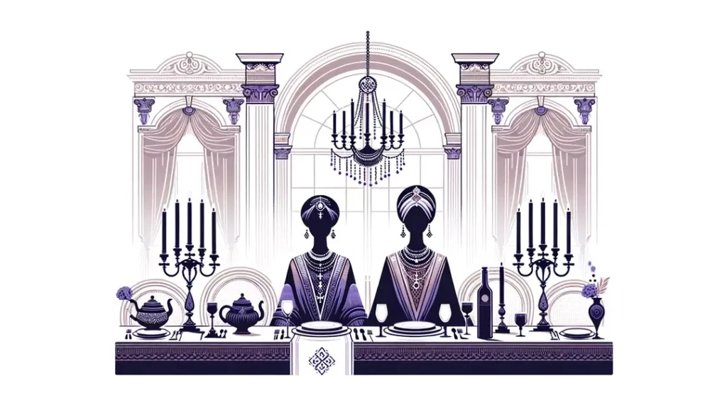 Ilustración minimalista de una cena de gala en un palacio francés incluyendo a una figura humana elegante
