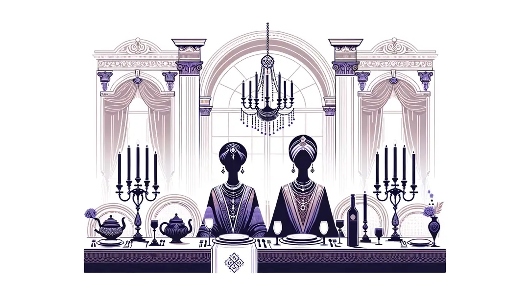 Ilustración minimalista de una cena de gala en un palacio francés incluyendo a una figura humana elegante