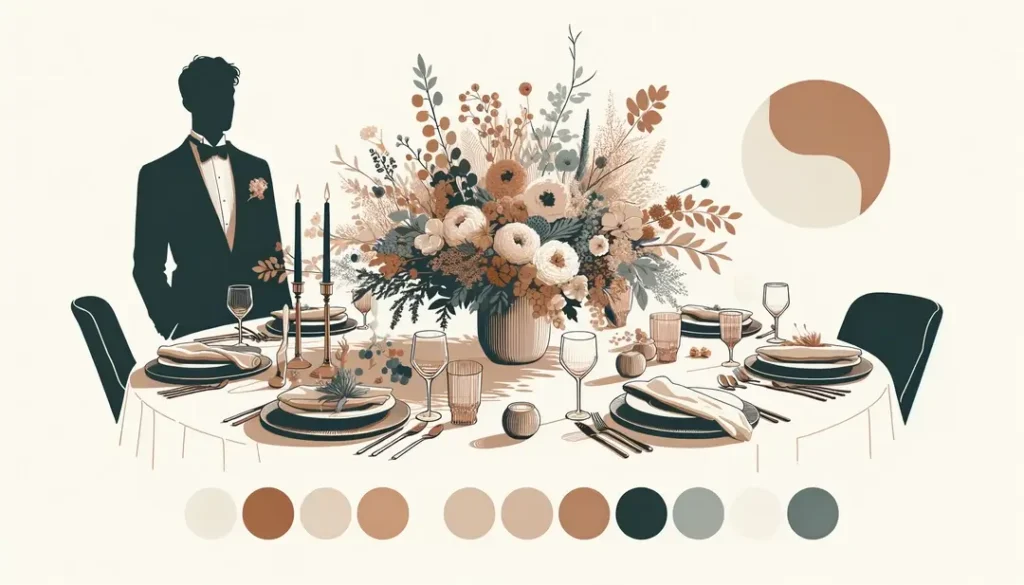 Ilustración de una mesa de cena formal con centros florales y ambientación elegante