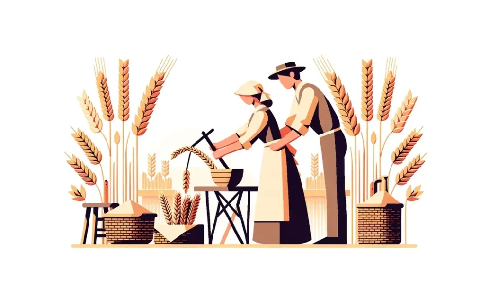 Ilustración minimalista de una ceremonia de agradecimiento por la cosecha en Gers con figura humana