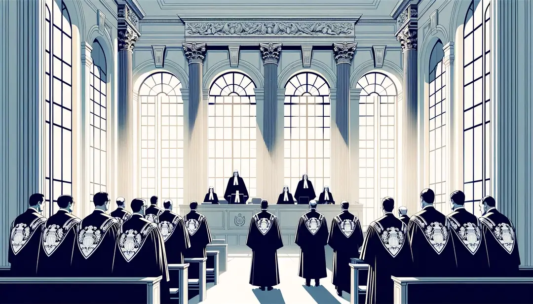 Ilustración de una ceremonia judicial francesa con jueces en un elegante tribunal