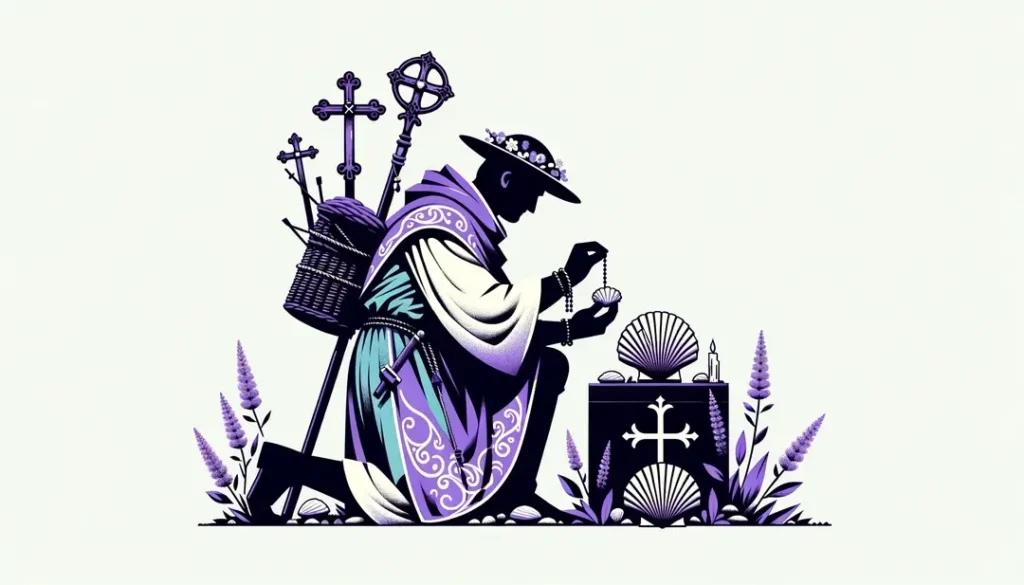 Peregrinos medievales en ritual de dedicación en el Camino de Santiago francés con símbolos cristianos
