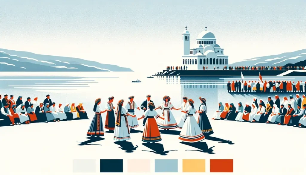 Ilustración minimalista de un gitano en procesión en la celebración de Saintes-Maries-de-la-Mer
