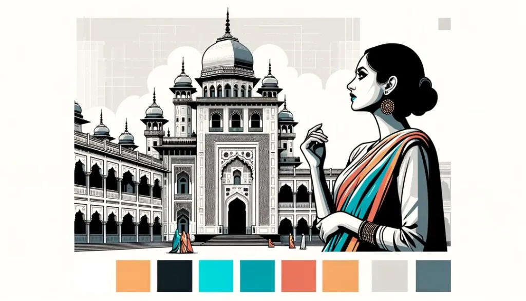 Figura humana observando un edificio histórico en Francia con un estilo minimalista y colores #8A2976