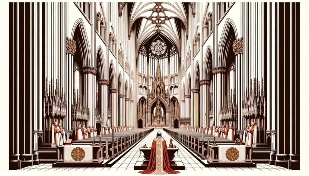 Figura medieval en un interior de catedral gótica con relicarios