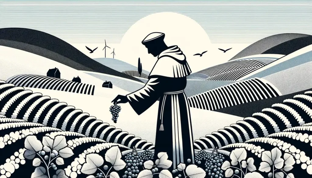 Ilustración minimalista de un monje inspeccionando uvas en un viñedo de la región de Champagne