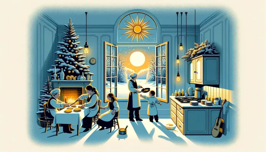 Ilustración de una familia francesa volcando crêpes doradas durante la Chandeleur