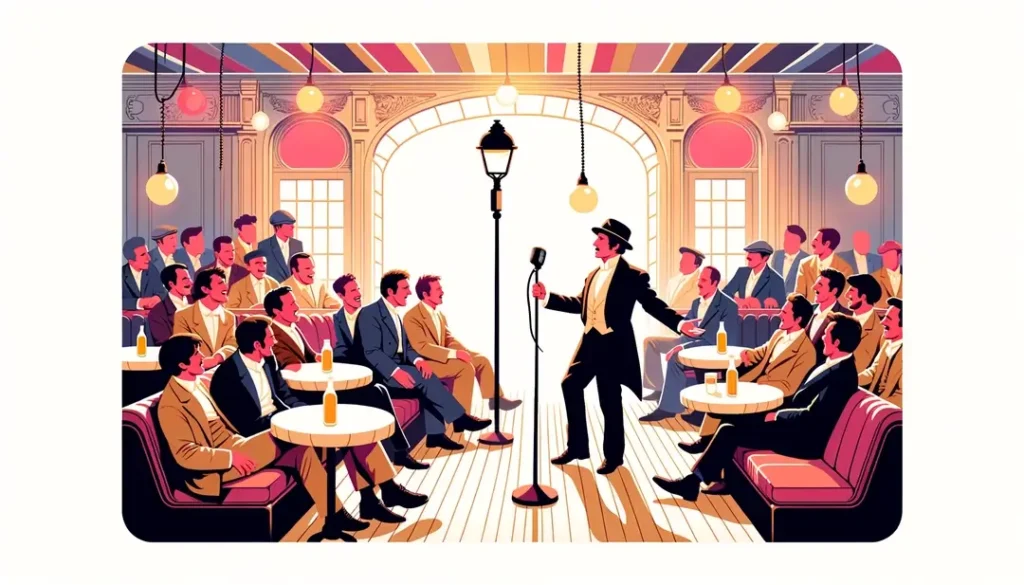 Ilustración de un cantante francés del siglo XX en un café-concert de París