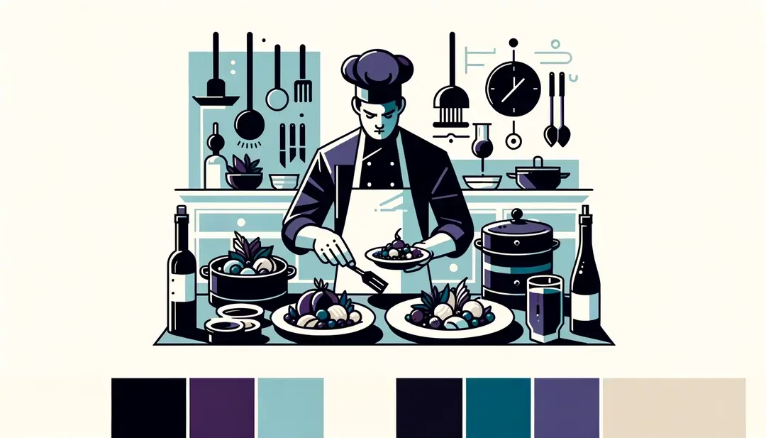 Ilustración de un chef preparando platos gourmet en una cocina francesa