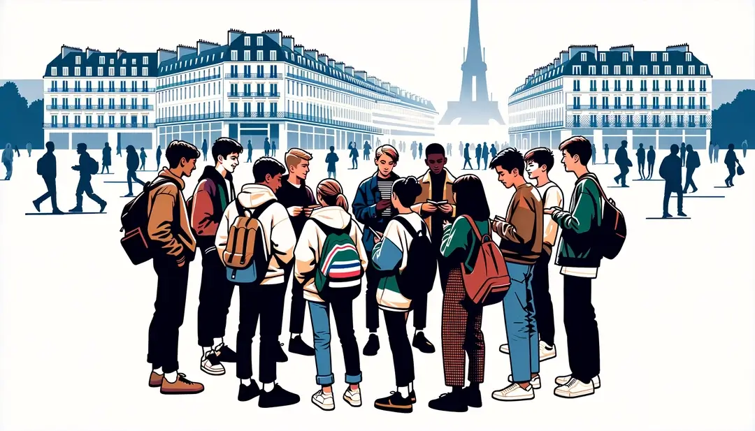 Ilustración de un grupo de adolescentes franceses representando la diversidad cultural en un contexto urbano