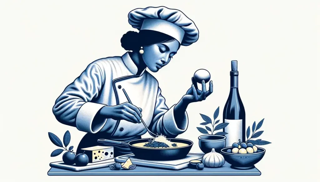 Chef francés en su cocina preparando un plato clásico de la alta cocina