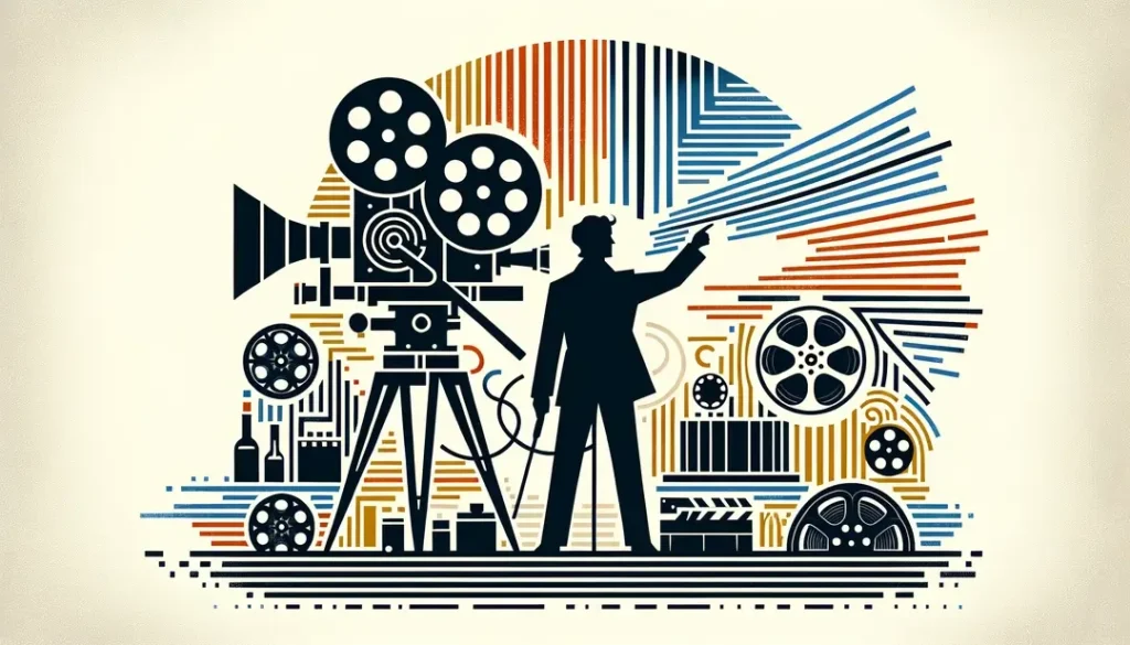 Silueta de Abel Gance dirigiendo una escena de cine con colores minimalistas en fondo blanco