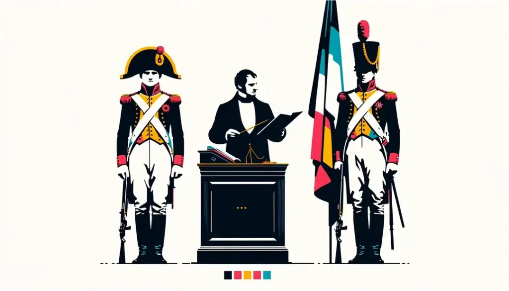 Ilustración minimalista de soldados napoleónicos y un jurista francés del siglo XIX que simbolizan la difusión del sistema legal francés