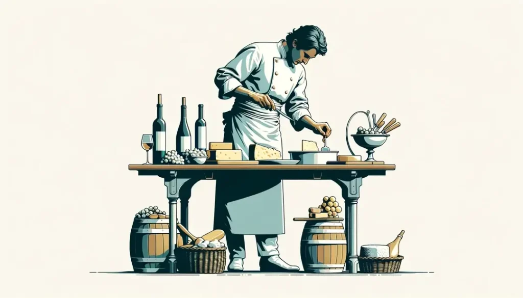 Ilustración minimalista que muestra un chef francés con delicias típicas como queso y vino en una escena gastronómica tradicional