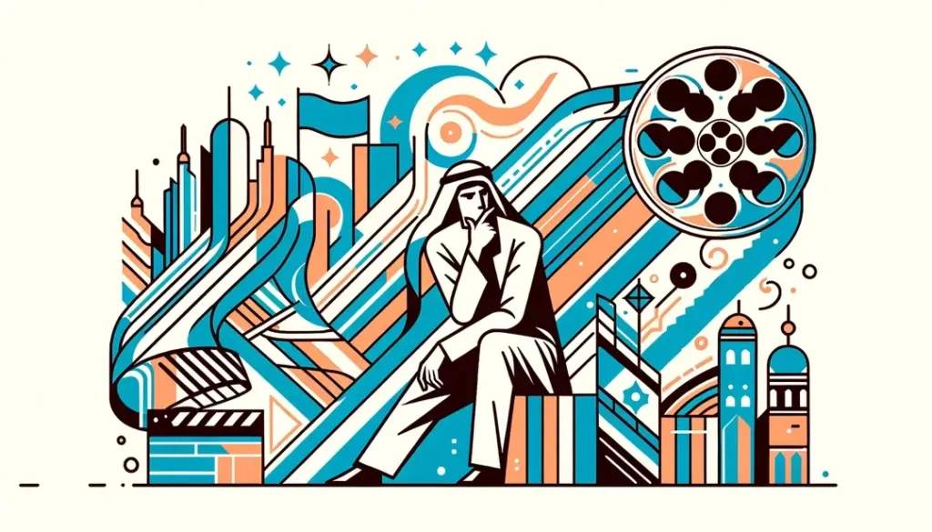 Ilustración de escena de comedia dramática francesa de los años 2000 con figura humana en estilo minimalista