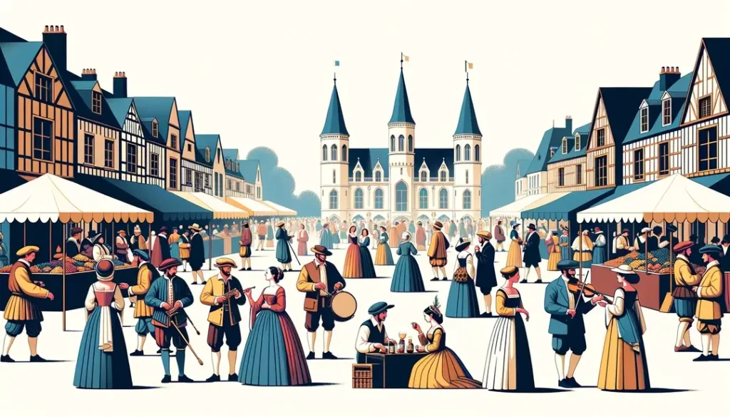 Ilustración minimalista de una celebración renacentista en Francia con personas en vestimenta de época participando en un festival histórico