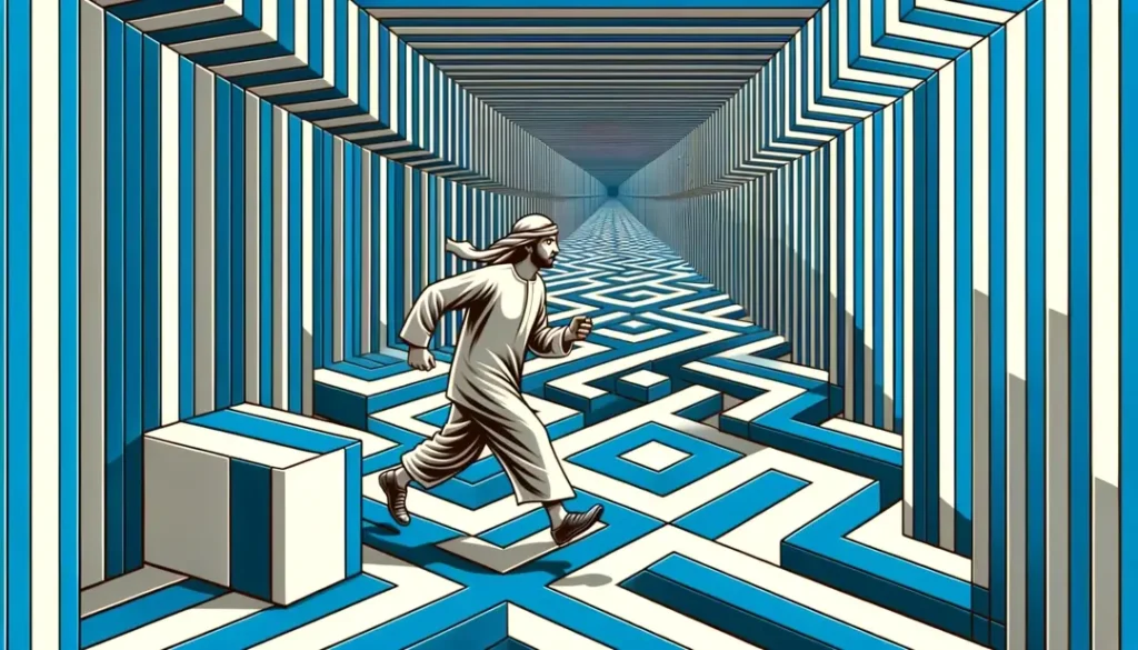 Ilustración minimalista de un humano en un corredor surrealista
