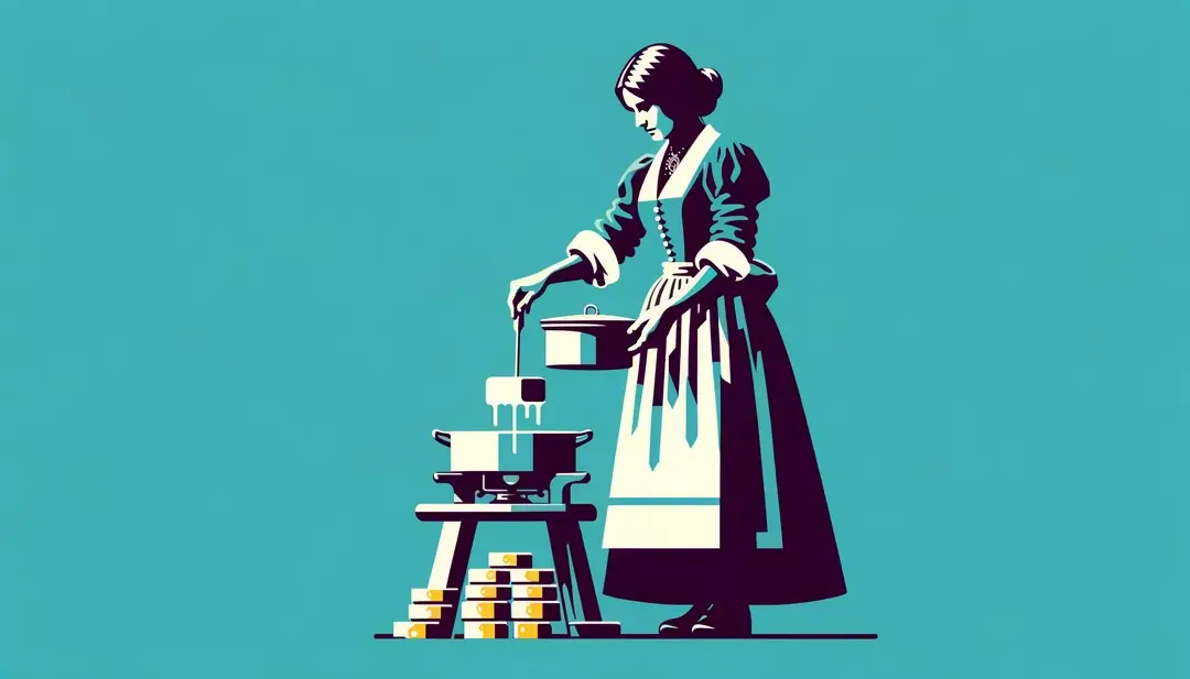 Mujer europea preparando queso raclette en un entorno alpino