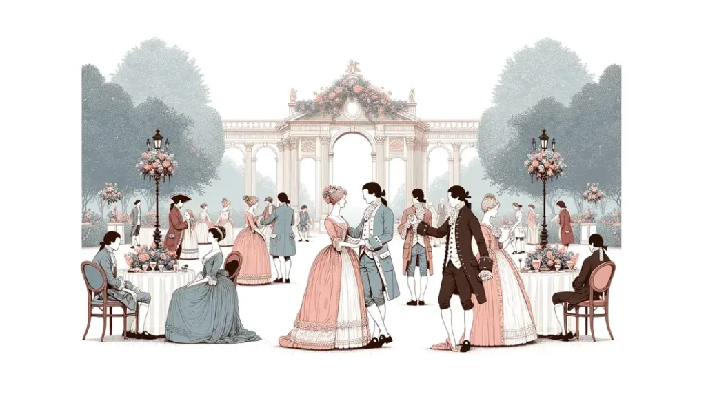 Escena elegante del siglo XVIII con figuras francesas en un entorno rococó al aire libre