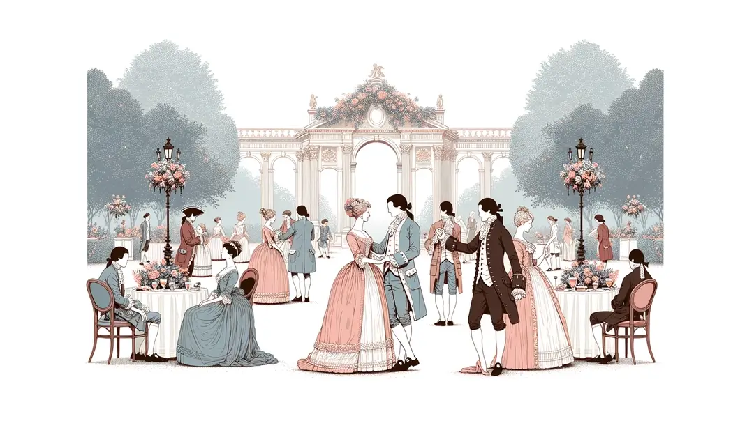 Escena elegante del siglo XVIII con figuras francesas en un entorno rococó al aire libre