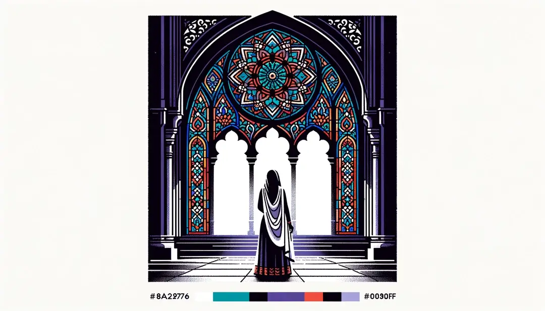 minimalist illustration of a human figure admiring a medieval stained glass window with specific colors