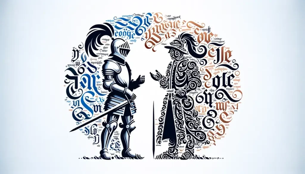 Ilustración minimalista de un caballero francés interactuando con un caballero inglés