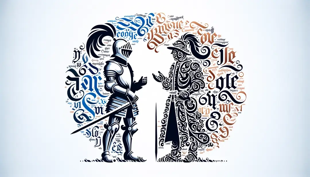 Ilustración minimalista de un caballero francés interactuando con un caballero inglés